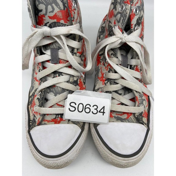 Chuck Taylor‎ Converse Sneakers Junior Sz 5 High Top Dinosaur Print Gray /Red - Picture 12 of 12